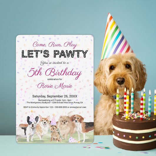 Cute Let's Pawty Pink Custom Dog Birthday Party Kaart