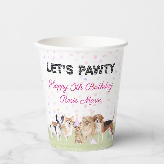 Cute Let's Pawty Pink Custom Dog Birthday Party Papieren Bekers (Voorkant)