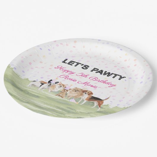 Cute Let's Pawty Pink Custom Dog Birthday Party Papieren Bordje (Gekanteld)