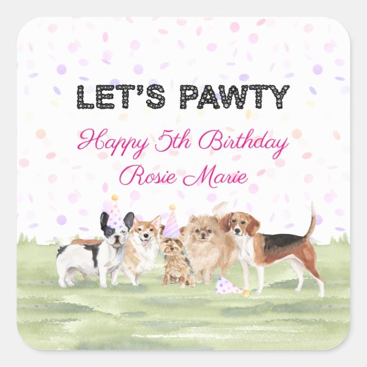 Cute Let's Pawty Pink Custom Dog Birthday Party Vierkante Sticker (Voorkant)