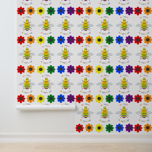 Cute LGBT Proud Rainbow Bee en Flowers Behang