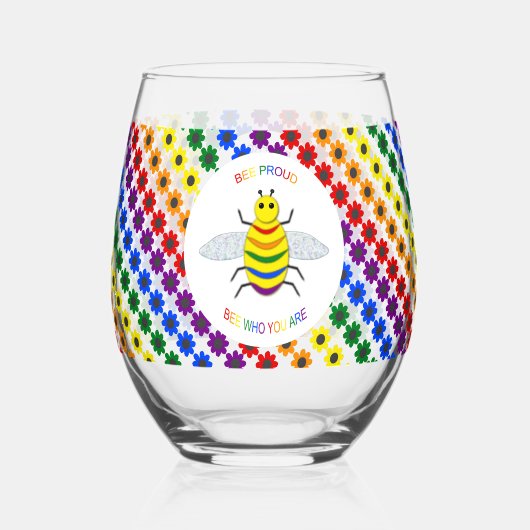 Cute LGBT Proud Rainbow Bee en Flowers Wijnglas Zonder Voet (Voorkant)