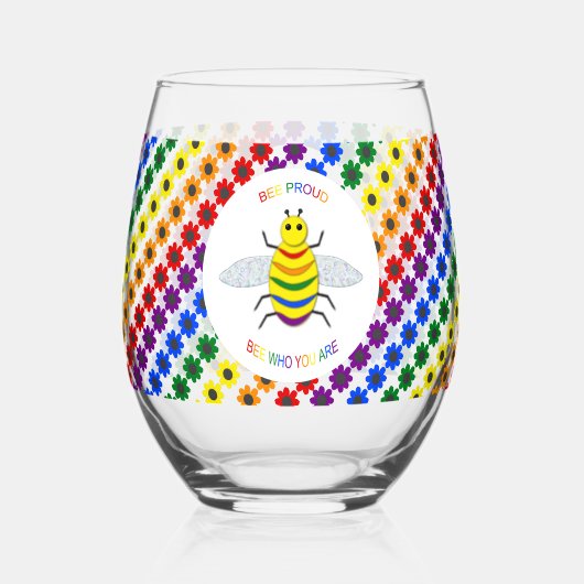 Cute LGBT Proud Rainbow Bee en Flowers Wijnglas Zonder Voet (Achterkant)