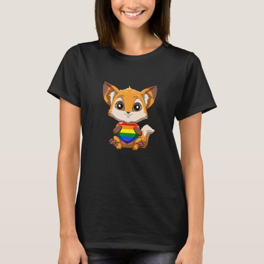 Cute LGBTQ Pride Rainbow Heart Fox Hugging LGBTQ H T-shirt (Voorkant)
