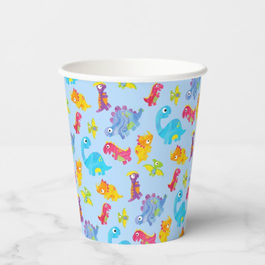 Cute Licht Pastelblauwe Baby Dinosaurus Verjaardag Papieren Bekers (Achterkant)