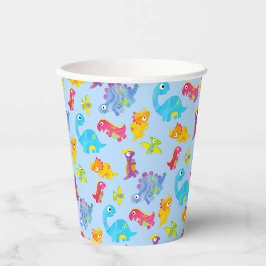 Cute Licht Pastelblauwe Baby Dinosaurus Verjaardag Papieren Bekers (Voorkant)