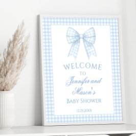 Cute lichtblauwe gingham lint baby jongens douche poster