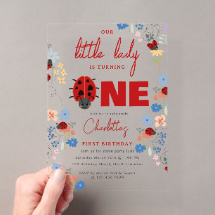Cute Lieveheersbeestjes Wilde Bloemen 1e Eerste Ve Acryl Uitnodigingen
