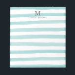 Cute Light Blauwgroen Green Waterverf Stripes Mono Notitieblok<br><div class="desc">Het ontwerp is voorzien van een gepersonaliseerd monogram initiaal en een naam in een eenvoudig en modern typografisch lettertype met een schattige,  moderne en stijlvolle,  blauwgroen,  lichtgroene waterverf strepen.</div>