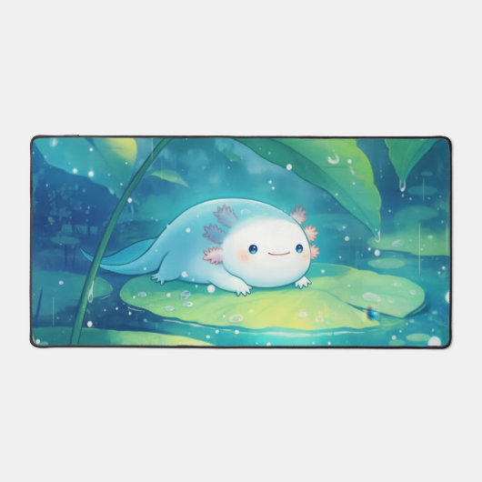 Cute Light Blue Axolotl Rainy Lily Pond Bureaumat (Voorkant)