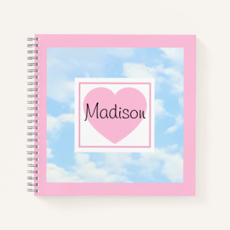 Cute Light Blue Cloudy Sky Pink Heart Custom Name Notitieboek