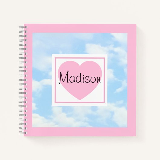 Cute Light Blue Cloudy Sky Pink Heart Custom Name Notitieboek (Voorkant)