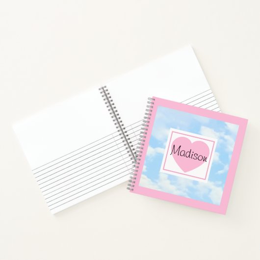 Cute Light Blue Cloudy Sky Pink Heart Custom Name Notitieboek (Binnen)