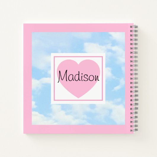 Cute Light Blue Cloudy Sky Pink Heart Custom Name Notitieboek (Achterkant)