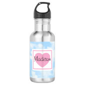 Cute Light Blue Cloudy Sky Pink Heart Custom Name Waterfles (Voorkant)