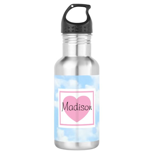 Cute Light Blue Cloudy Sky Pink Heart Custom Name Waterfles (Voorkant)