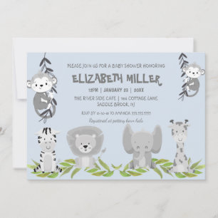 Cute Light Blue Safari Animals Boy Baby shower Kaart