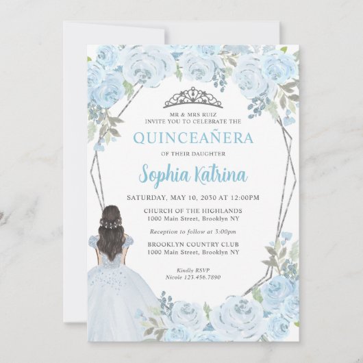 Cute Light Blue Silver Floral Princess Quinceañera Kaart (Voorkant)