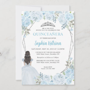 Cute Light Blue Silver Floral Princess Quinceañera Kaart