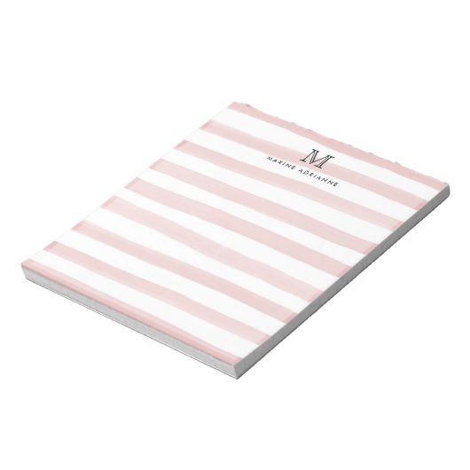 Cute Light Blush Pink Waterverf Stripes Monogram Notitieblok (Linkerzijde)
