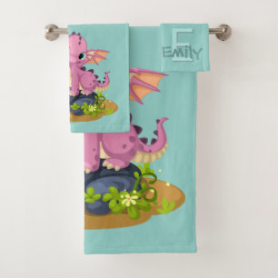 Cute Light Green Baby Dinosaur Monogram Name Baby Bad Handdoek