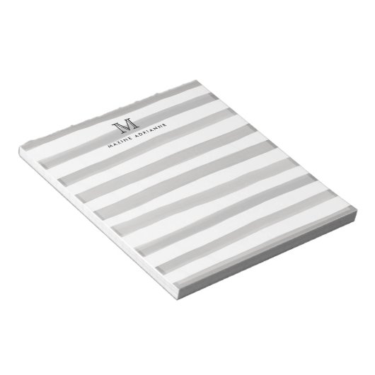 Cute Light Grey Slate Waterverf Stripes Monogram Notitieblok (Schuin)