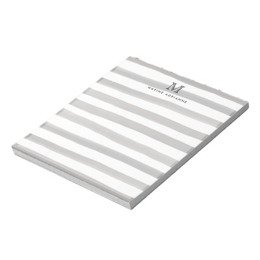 Cute Light Grey Slate Waterverf Stripes Monogram Notitieblok (Linkerzijde)