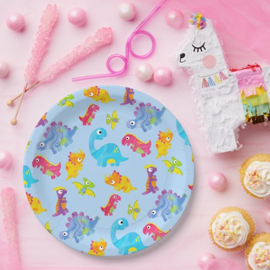 Cute Light Pastel Blue Baby Dinosaur Birthday Papieren Bordje (Feest)