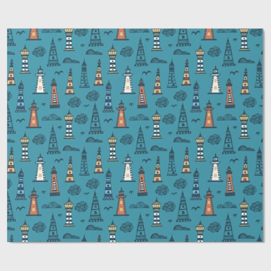 Cute Lighthouse Pattern | Blauwgroen donker Cadeaupapier (Vlak)