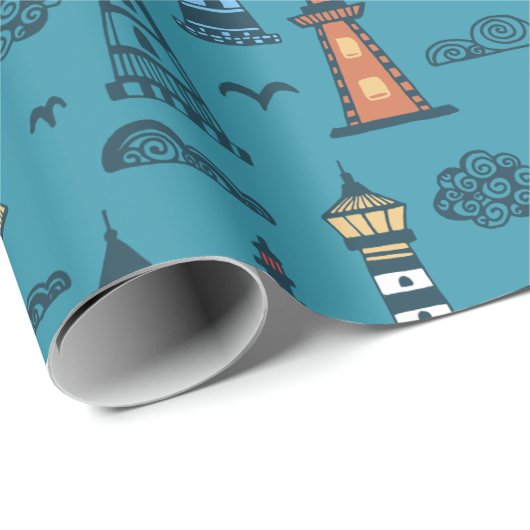 Cute Lighthouse Pattern | Blauwgroen donker Cadeaupapier (Rol Hoek)