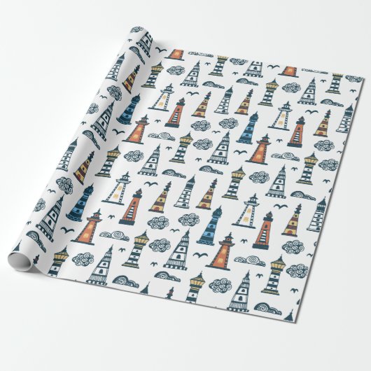 Cute Lighthouse Pattern | wit Cadeaupapier (Uitgerold)