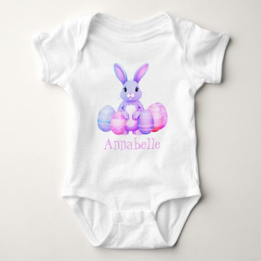 Cute Lila Konijn Met Pastel Roze Paaseieren Naam Romper (Voorkant)