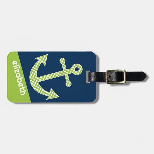Cute Limoen Polka Dot Anchor met Navy Custom Name Bagagelabel (Voorkant horizontaal)