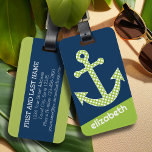 Cute Limoen Polka Dot Anchor met Navy Custom Name Bagagelabel<br><div class="desc">Een trendy en elegant ontwerp met stippen en preppy kleuren plus een gebied om jouw naam of monogram toe te voegen.</div>