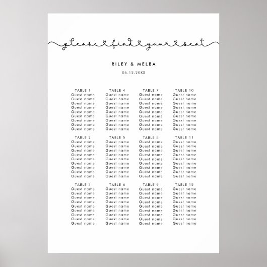 Cute linked hartfontbruiloft Seating chart Poster (Voorkant)