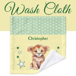 Cute lion add name polka dots stars green washandje