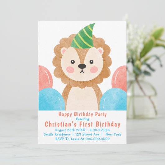Cute Lion Balloons First Birthday Invitation (Staand voorkant)