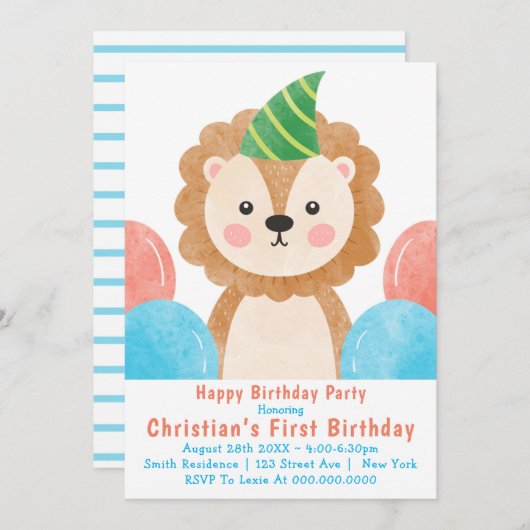 Cute Lion Balloons First Birthday Invitation (Voorkant / Achterkant)