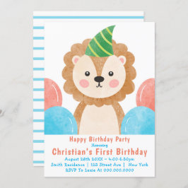 Cute Lion Balloons First Birthday Invitation