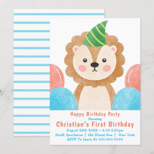 Cute Lion Balloons First Birthday Invitation