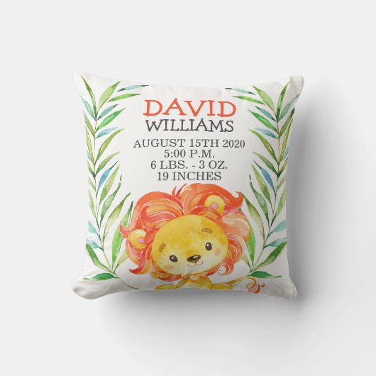 Cute Lion Boy Birth Stats Oerwoud Safari Nursery Kussen (Voorkant)