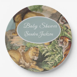 Cute Lion Cat oerwoud Dusty Blue Boyl Baby shower Papieren Bordje