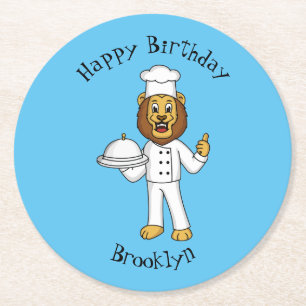 Cute lion chef cartoon illustratie ronde kartonnen onderzetter