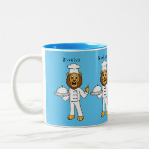 Cute lion chef cartoon illustratie tweekleurige koffiemok