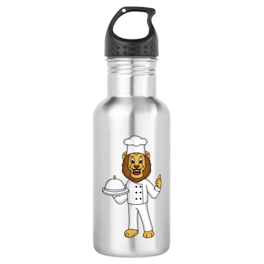 Cute lion chef cartoon illustratie waterfles (Voorkant)