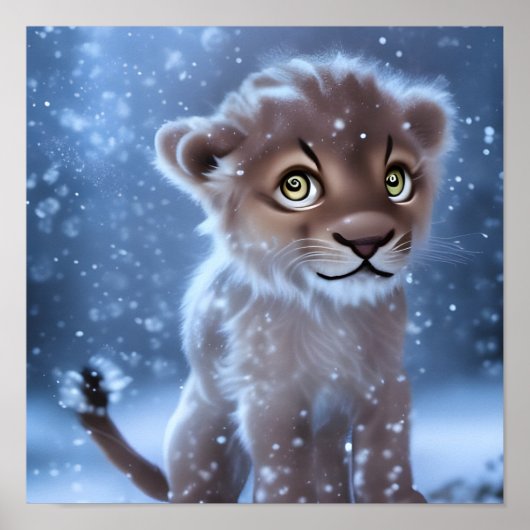 Cute Lion Cub in de sneeuw Poster (Voorkant)