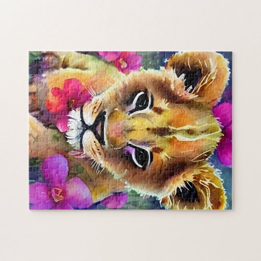 Cute Lion Cub Omringd door Flowers Legpuzzel (Horizontaal)