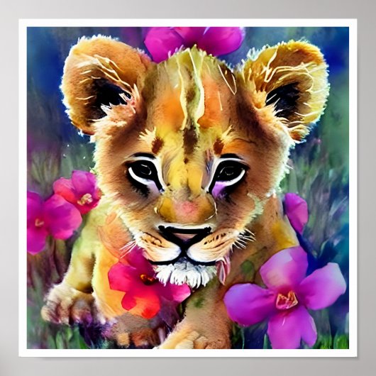 Cute Lion Cub Omringd door Flowers Poster (Voorkant)
