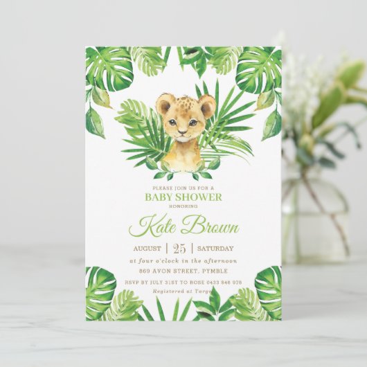 Cute Lion Cub Tropical Greenery Boy Baby shower Kaart (Staand voorkant)