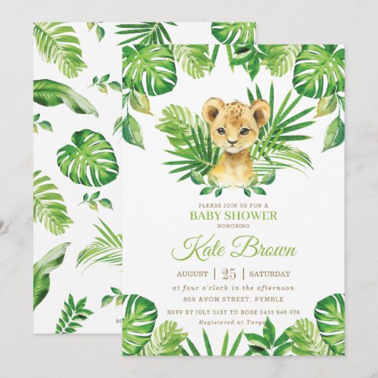 Cute Lion Cub Tropical Greenery Boy Baby shower Kaart (Voorkant / Achterkant)